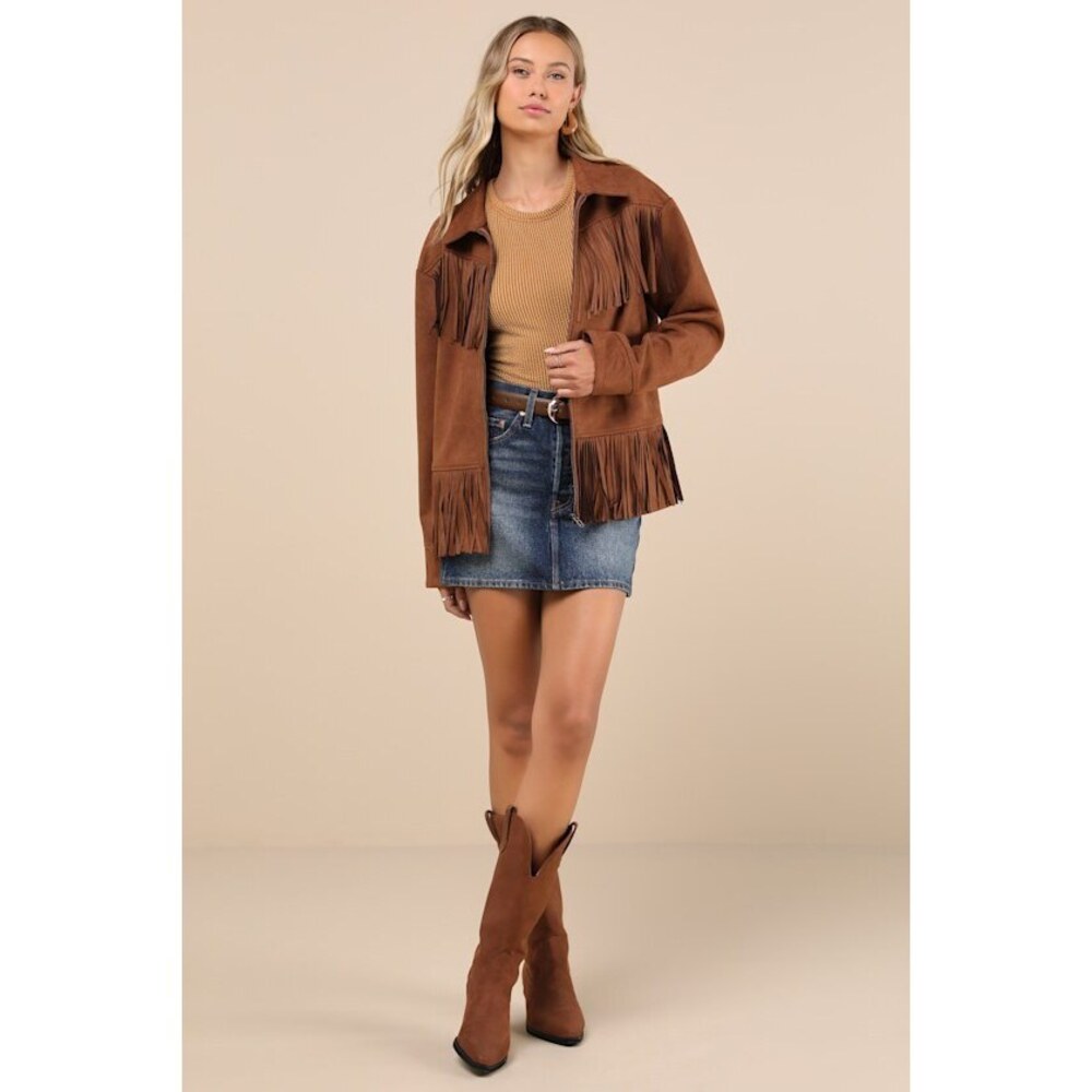 Exceedingly Chic Brown Faux Suede Fringe Jacket